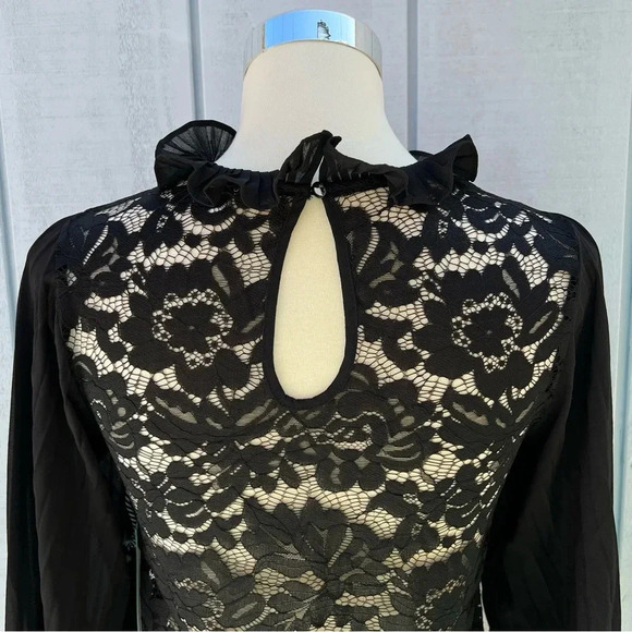 Story On Pleated Sleeve Lace Blouse Top Sheer Black See-Through - Picture 5 of 11